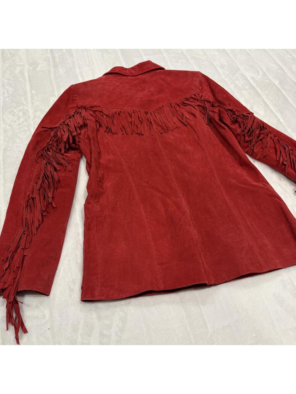 Denim & Co. Women's XS Red Leather Fringe Jacket Suede Stylish Outerwear - Picture 7 of 7
